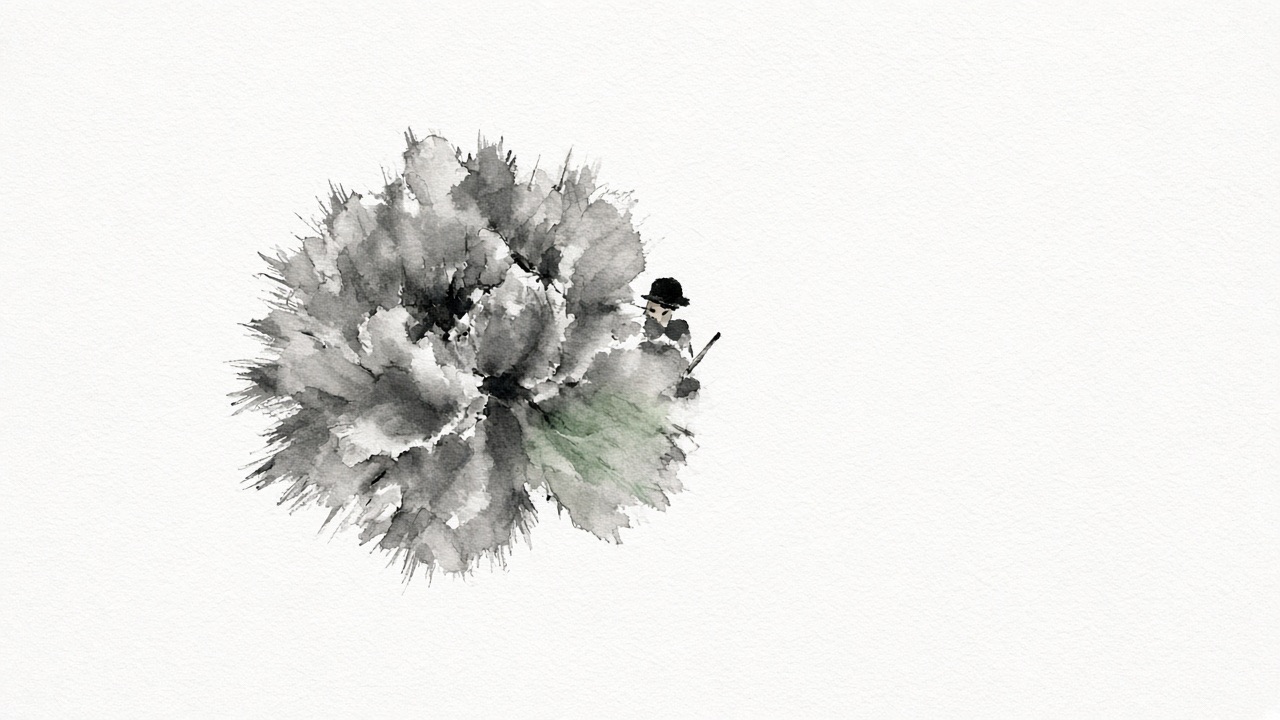 One peony is a single wet press of ink with a pale green bleed in one petal, bristles at the edge.