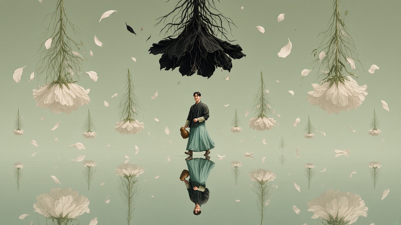 Tiny in the centre, Hallakgungi the flower-warden walks across the mirror carrying a watering gourd, his reflection walking beneath him; one inverted flower overhead…