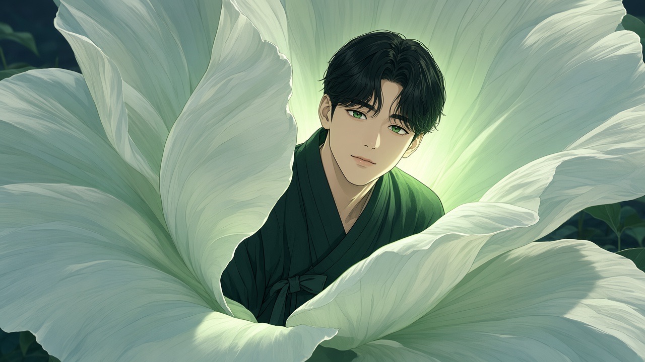 A single enormous pale flower fills the frame like an object sleeve; behind one petal, the gardener Hallakgungi peeks, gentle exhausted face, green eyes soft, not a…