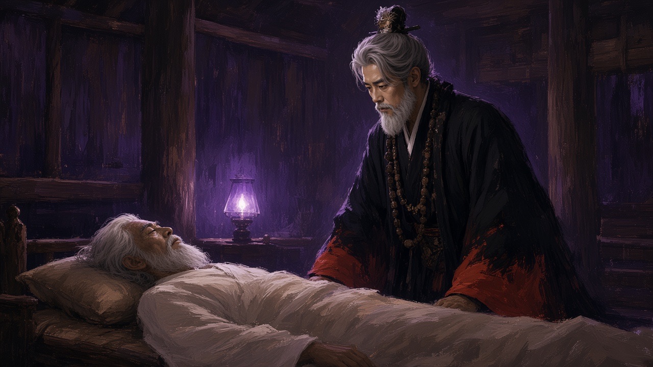 Gesomun at the bedside by a violet lamp