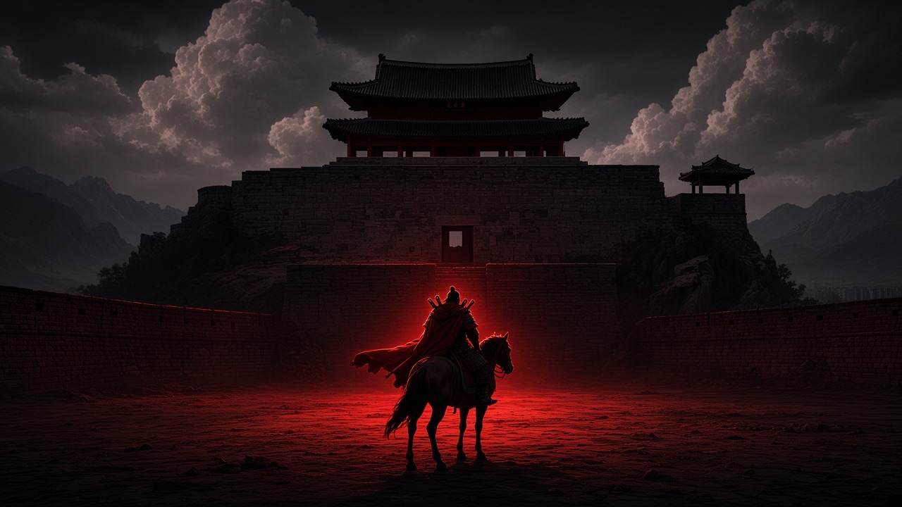 A red rider before the fortress at night