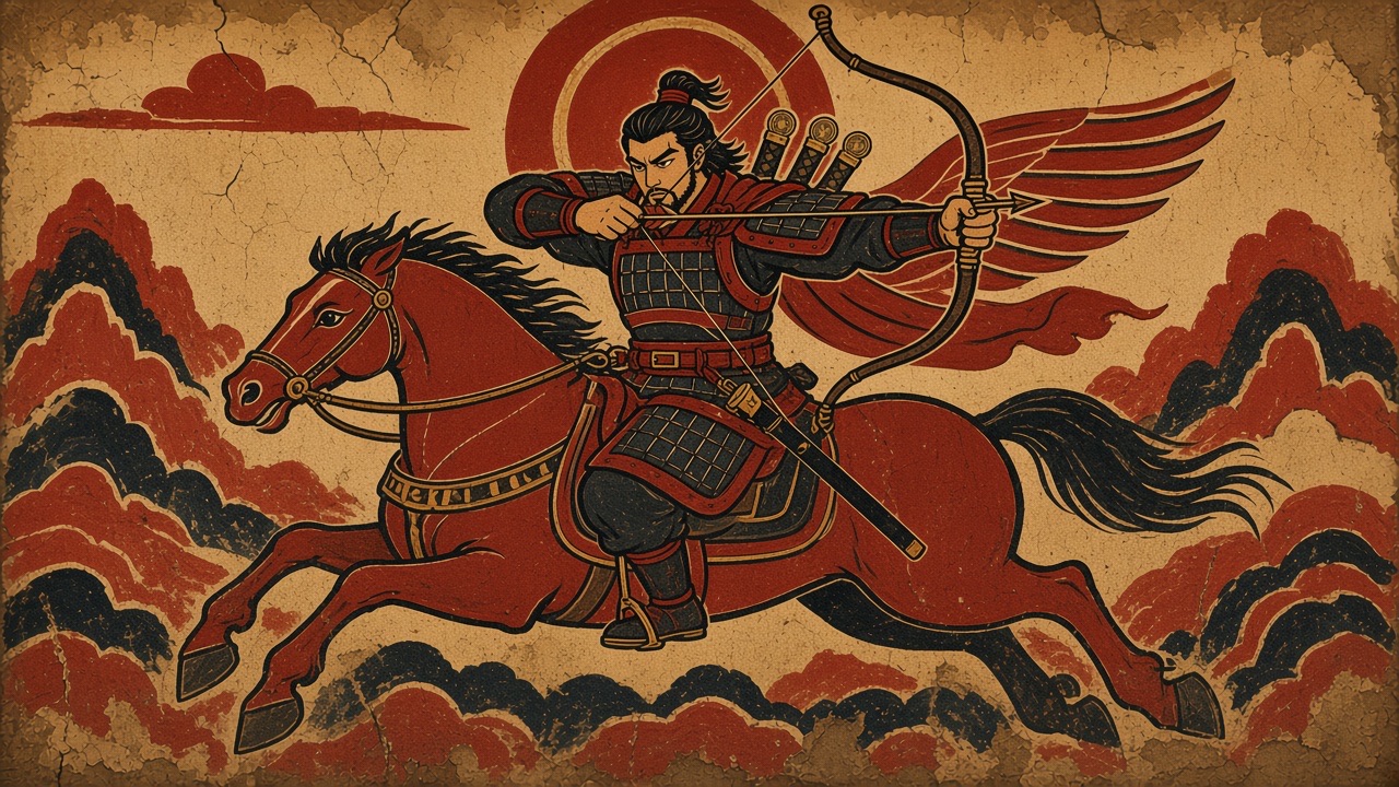 Yeon Gesomun on a galloping horse drawing a bow, red wings streaming.