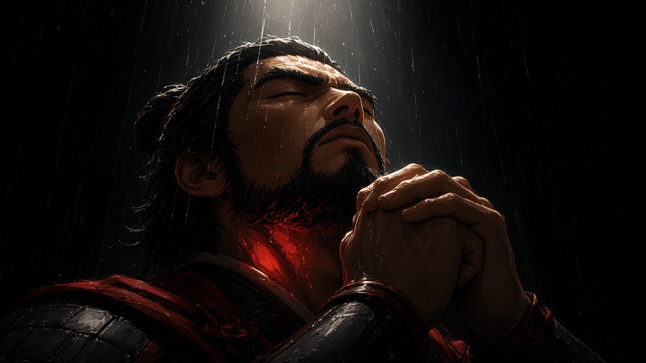 Yeon Gesomun's face in low worm's-eye close-up, tilted up to heaven, eyes shut, lips moving in a prayer-vow, rain running down his face and beard, two clasped fists…
