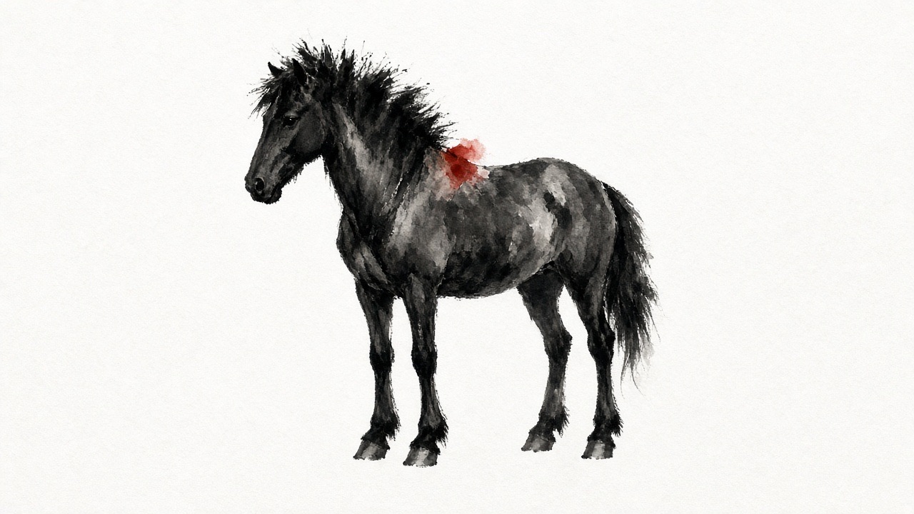 One horse-shaped ink mass standing, not running, all four legs planted, bristles in the mane.
