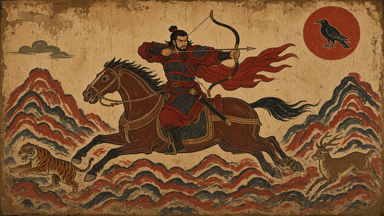 Yeon Gesomun on a galloping horse at full stretch, turned backward in the saddle drawing a bow in the famous Parthian shot, red wing shoulder-flaps streaming; a…
