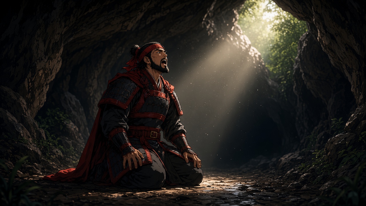 A hard sun shaft from the cave mouth rakes across Yeon Gesomun's face and the wet floor, dust in the beam, the rest of the cave crushed black.