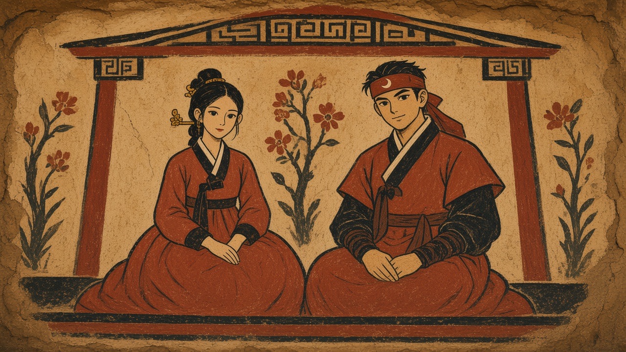 This frame is for Gotaso and Pumsuk as a Silla couple painted in that old mural grammar: seated, not touching, a flowering branch between them.