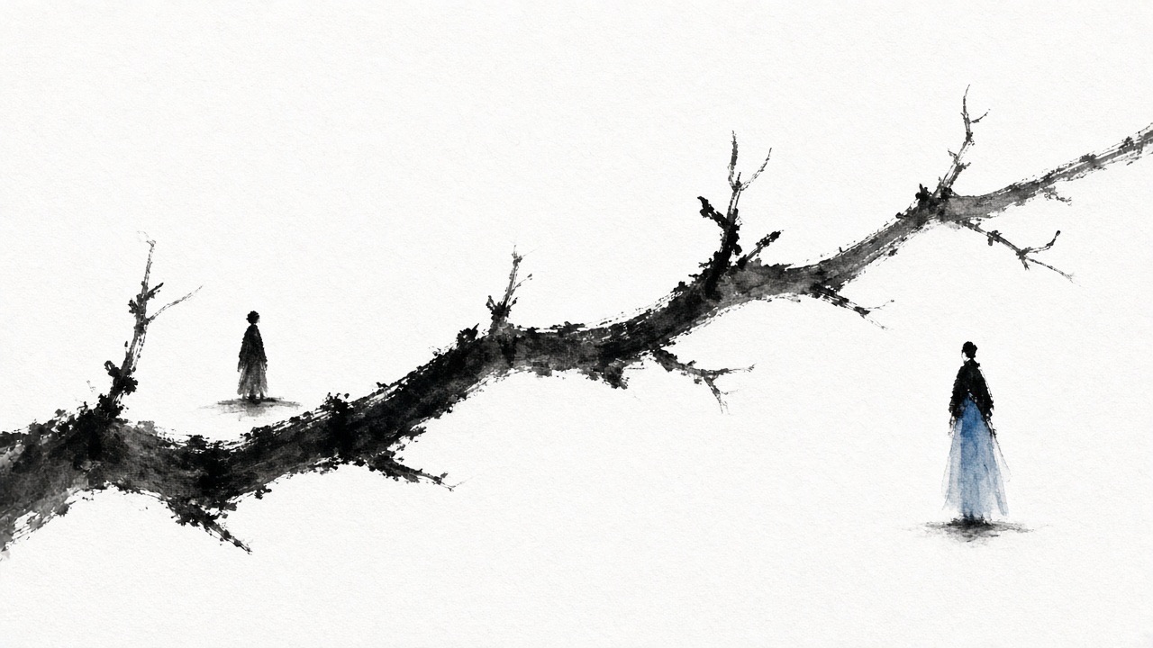 One dry plum branch crosses the whole sheet.