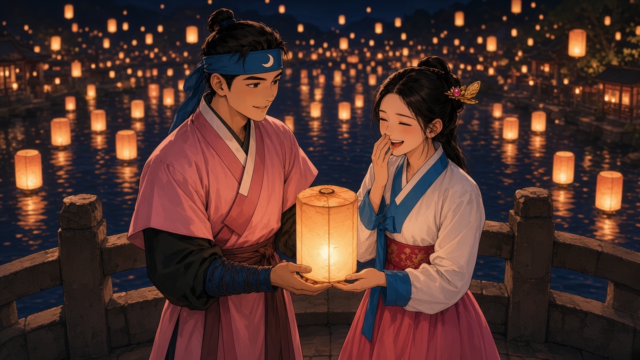 Gotaso and Pumsuk share a lantern above the lantern-lit water