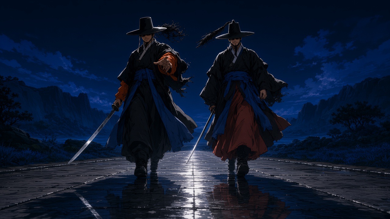 Two reapers on a wet night road