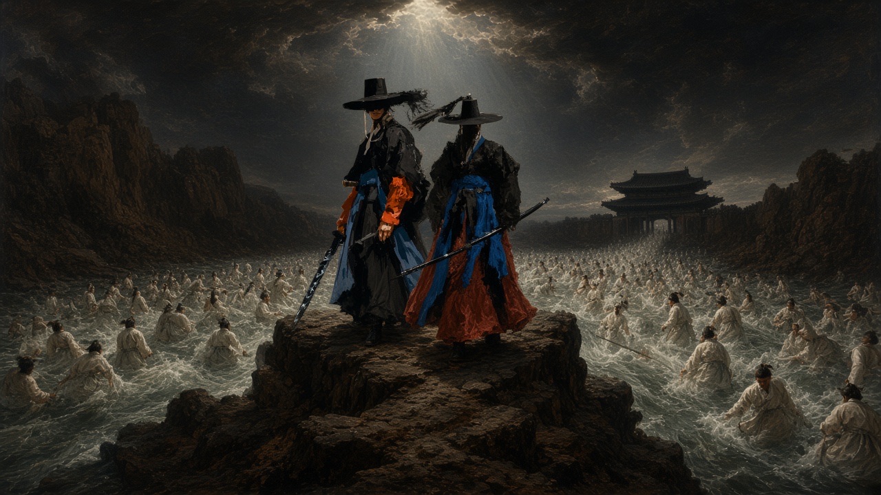 Two reapers on a rock above a sea of souls