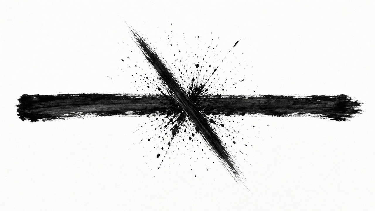 One horizontal black stroke is severed by a second diagonal stroke that slices through it, ink splatter at the cut.