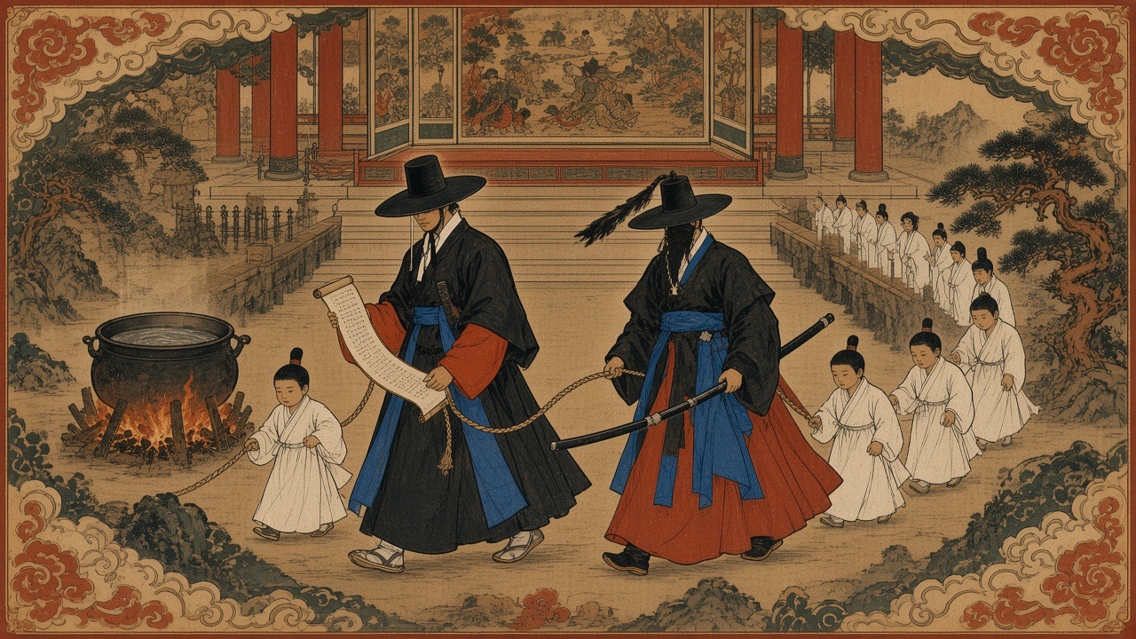 Reapers in Yumla’s court, painted as a scroll