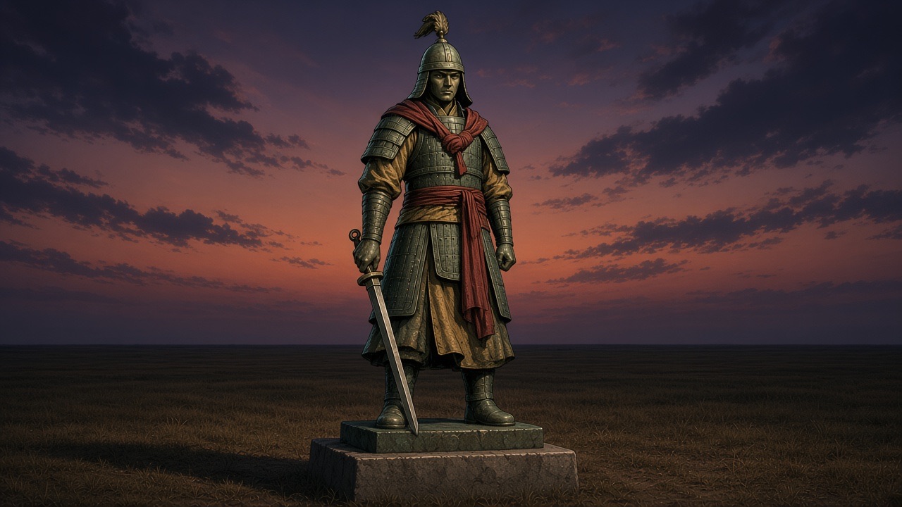 Weathered bronze, lamellar armor, red sash, yellow cloth under the plates.