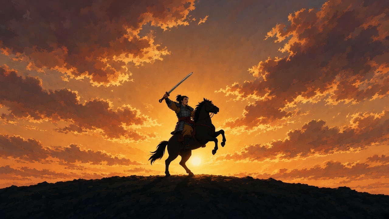 A rider rears on the ridge at sunset