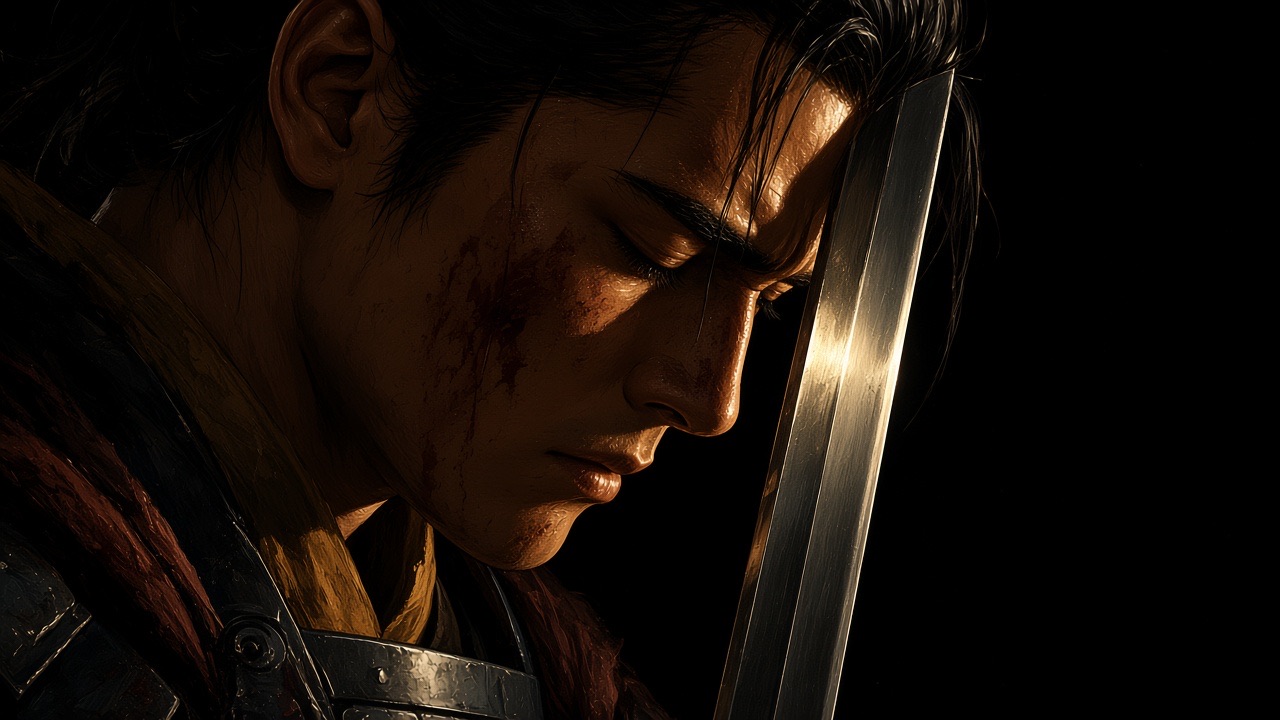 Baekje general Gyebek's face in profile close-up, head bowed, eyes closed, forehead pressed to the flat of a raised straight steel blade held vertically before his…