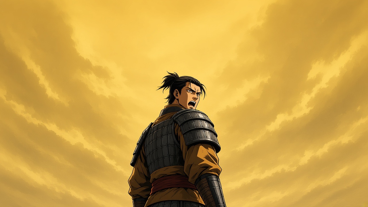 Gyebek alone, lower third, back to a vast empty yellow-dust sky, head turned over the shoulder, mouth open mid-shout but the face still readable and human, not a…