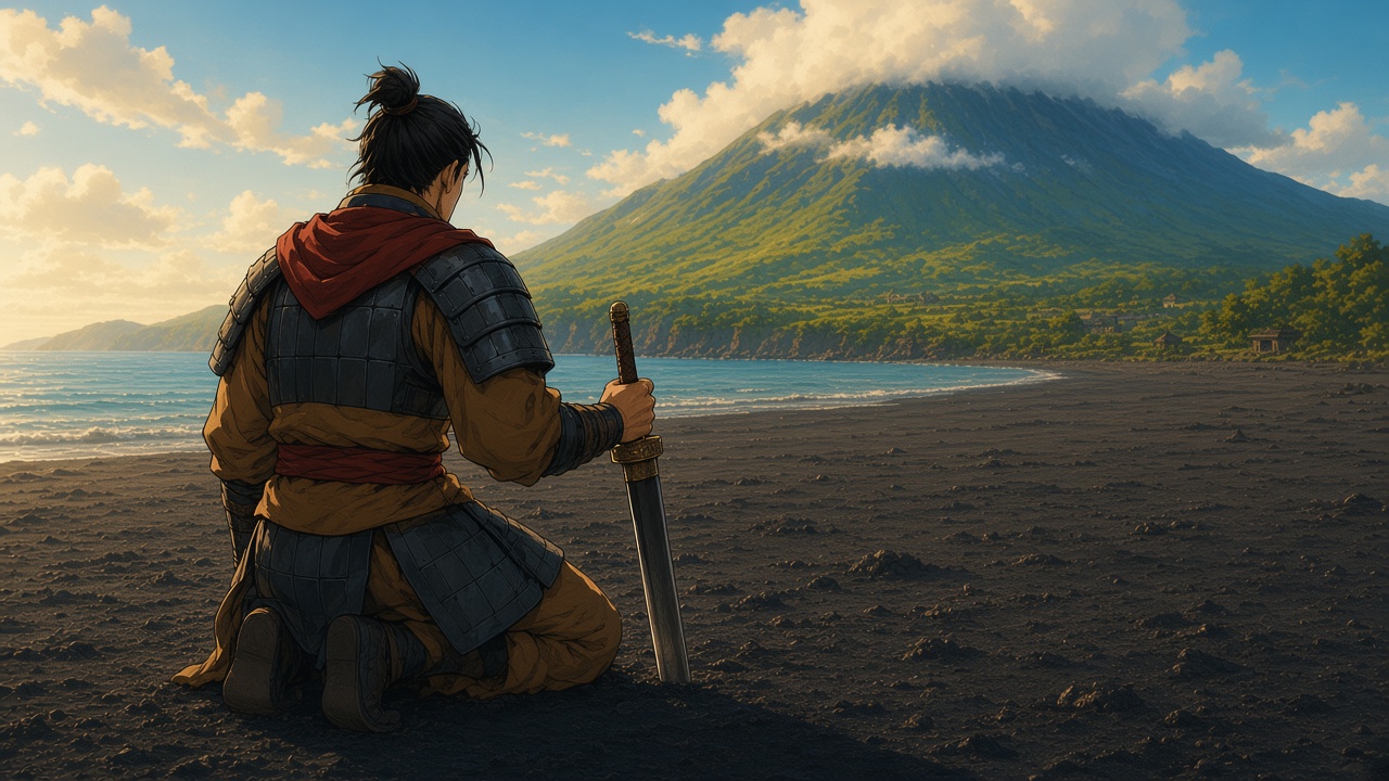 Gyebek from behind on the black shore
