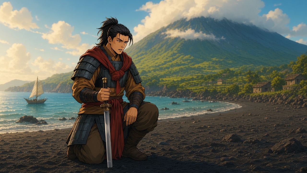 Gyebek kneels on the island beach with his sword