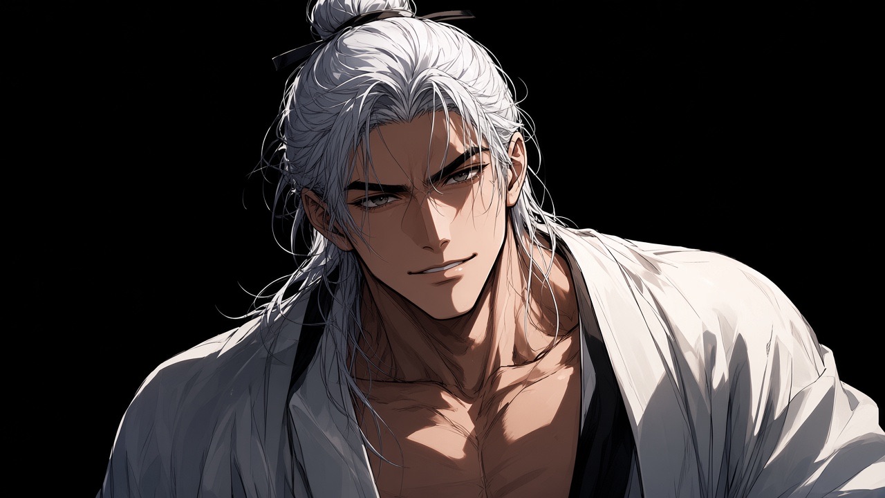 Haemosu alone, leaning into the lens, wet hair, shirt open at the collar, a greedy easy smile, eyes bright but human not glowing.
