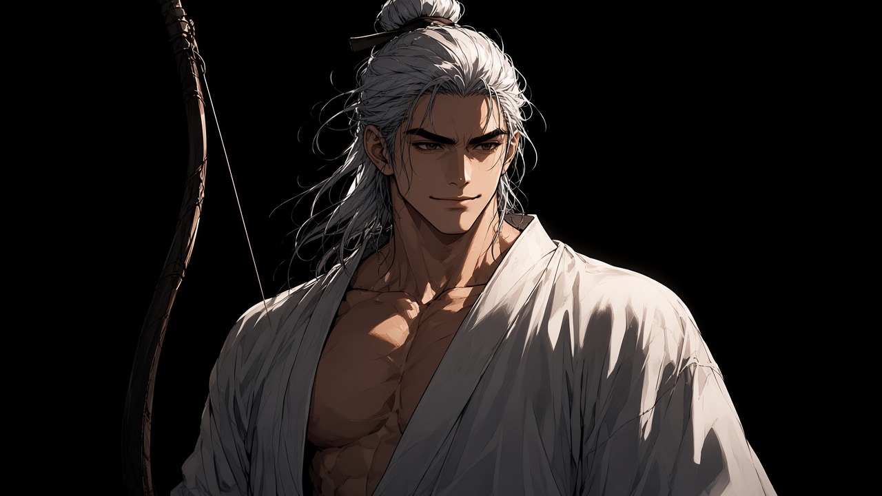 Haemosu chest-up, robe open to the sternum, wet hair, easy greedy smile, one hard sun key from the side, the rest crushed black.