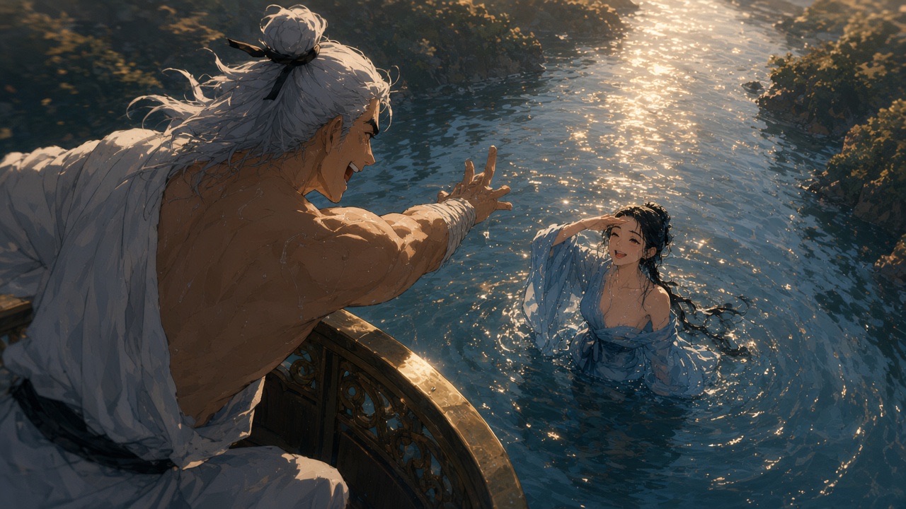 Haemosu reaches down to Yuhwa in the water