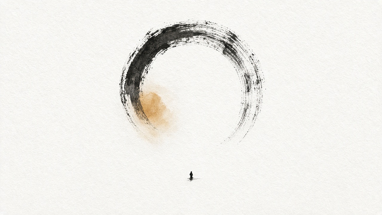 One dry brush arc high on the page, bristles, not a perfect circle, a small warm-ochre bleed inside the arc.
