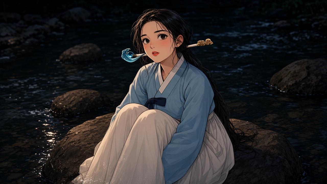 Yuhwa in a DIFFERENT outfit than her portrait: a plain pale-blue silk jeogori and white chima, wet at the hem, no jewelry except a simple binyeo matching the attached…