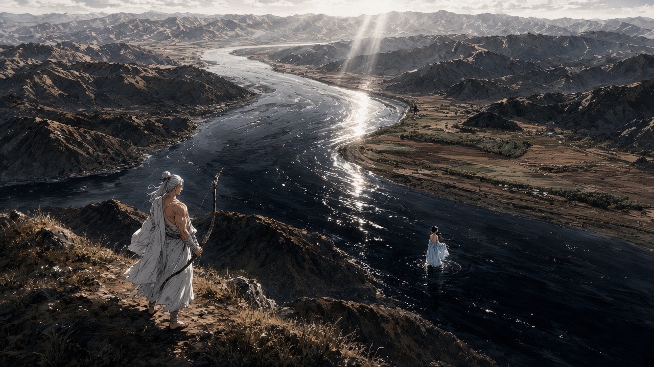 The Amnok from the cliff: Haemosu on the bank, Yuhwa in the water