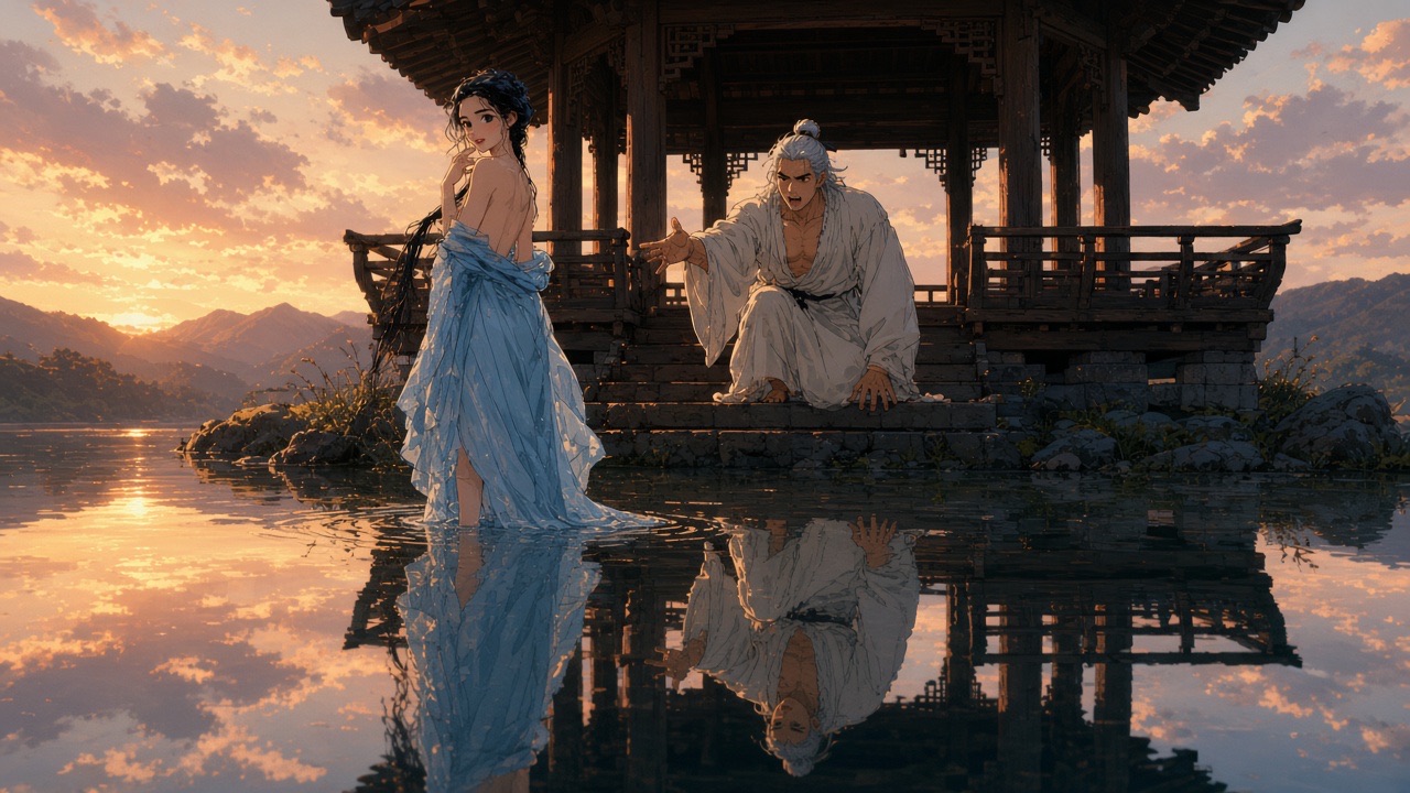 Yuhwa and Haemosu at the pavilion over the water at sunset