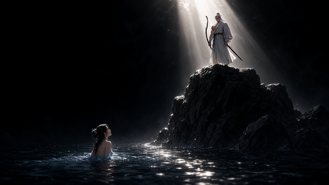 Haemosu on a rock in a shaft of light, Yuhwa in the water