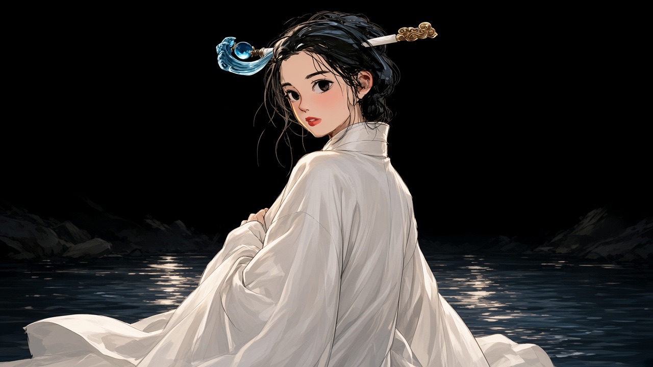 Adult Yuhwa from a three-quarter back view at a night river.