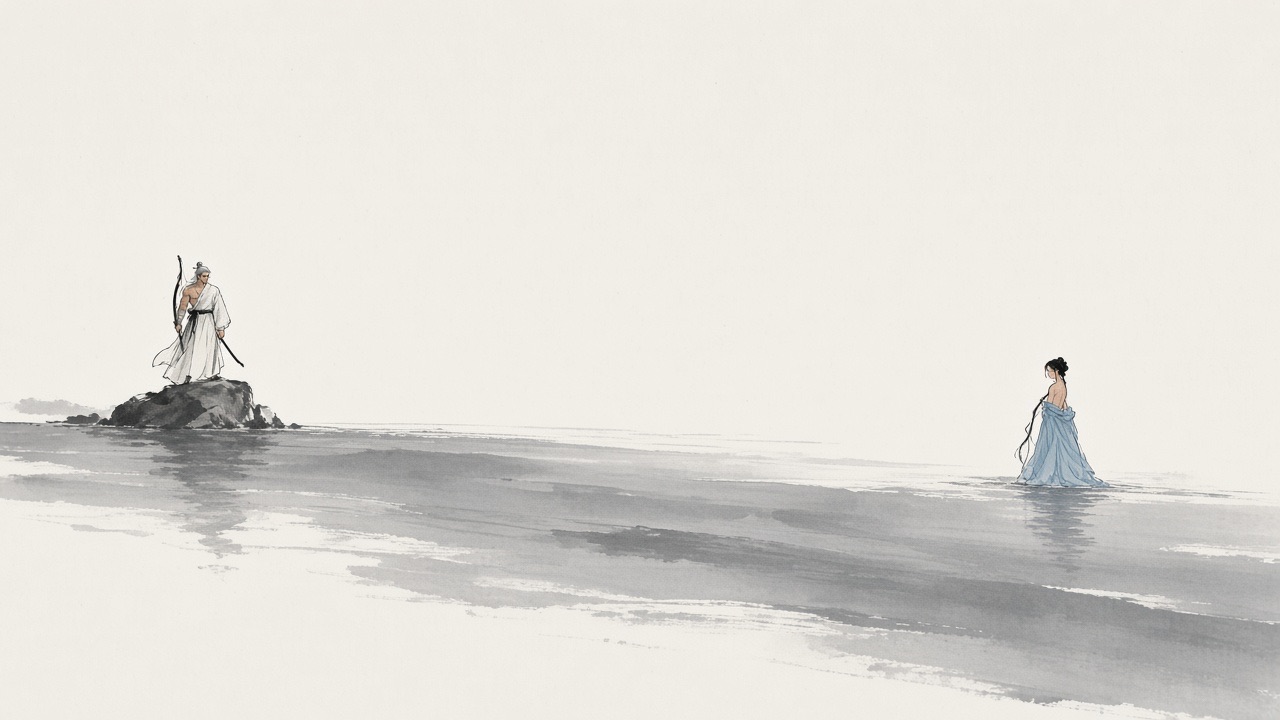 Two tiny figures far apart, Haemosu on a rock, Yuhwa in the shallows, each only a few strokes.