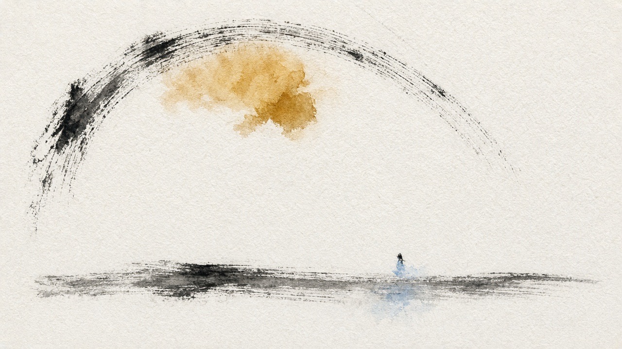 A high dry brush arc with a small warm ochre bleed, the sun.