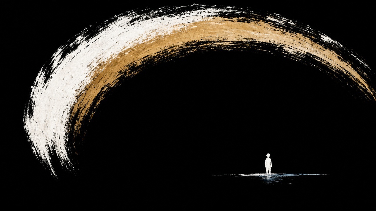 ONE enormous arc of opaque white and warm ochre pigment, a single loaded brushstroke curving across the upper left like a sun dragged by a brush, bristles splitting…