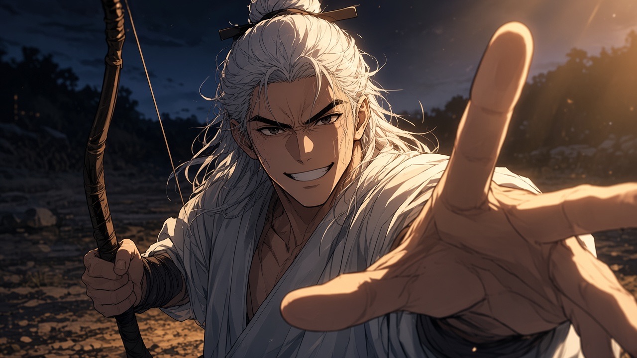 Haemosu leans into the lens, one hand reaching toward the camera so the hand is huge in the foreground, grin wide but human not a caricature, sun-god greedy and…