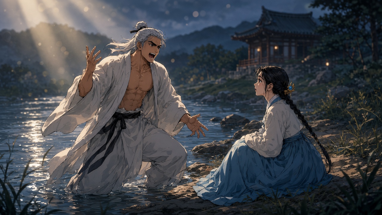 Haemosu wades toward Yuhwa in the river