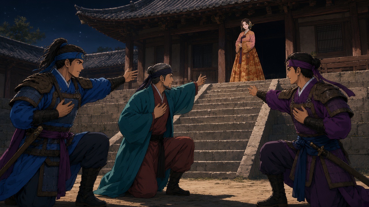 Three hwarang argue on the palace steps while a lady watches