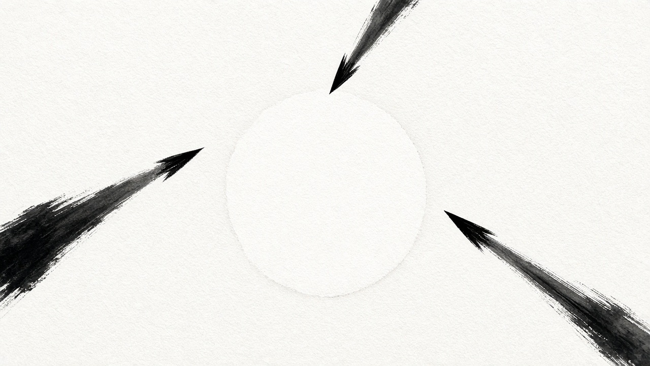 Three diagonal strokes point toward an empty circle of untouched paper in the center and stop before it.