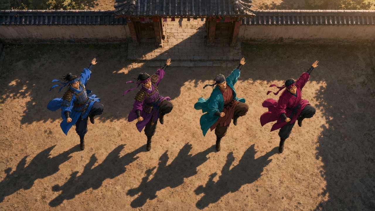 Four hwarang spar in the sandy yard, seen from above