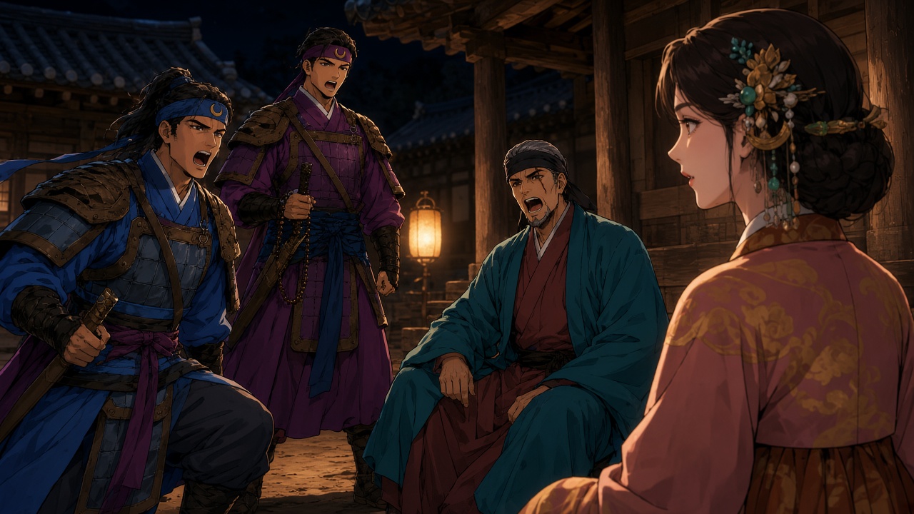Hwarang crowd round a laughing girl in the lantern yard