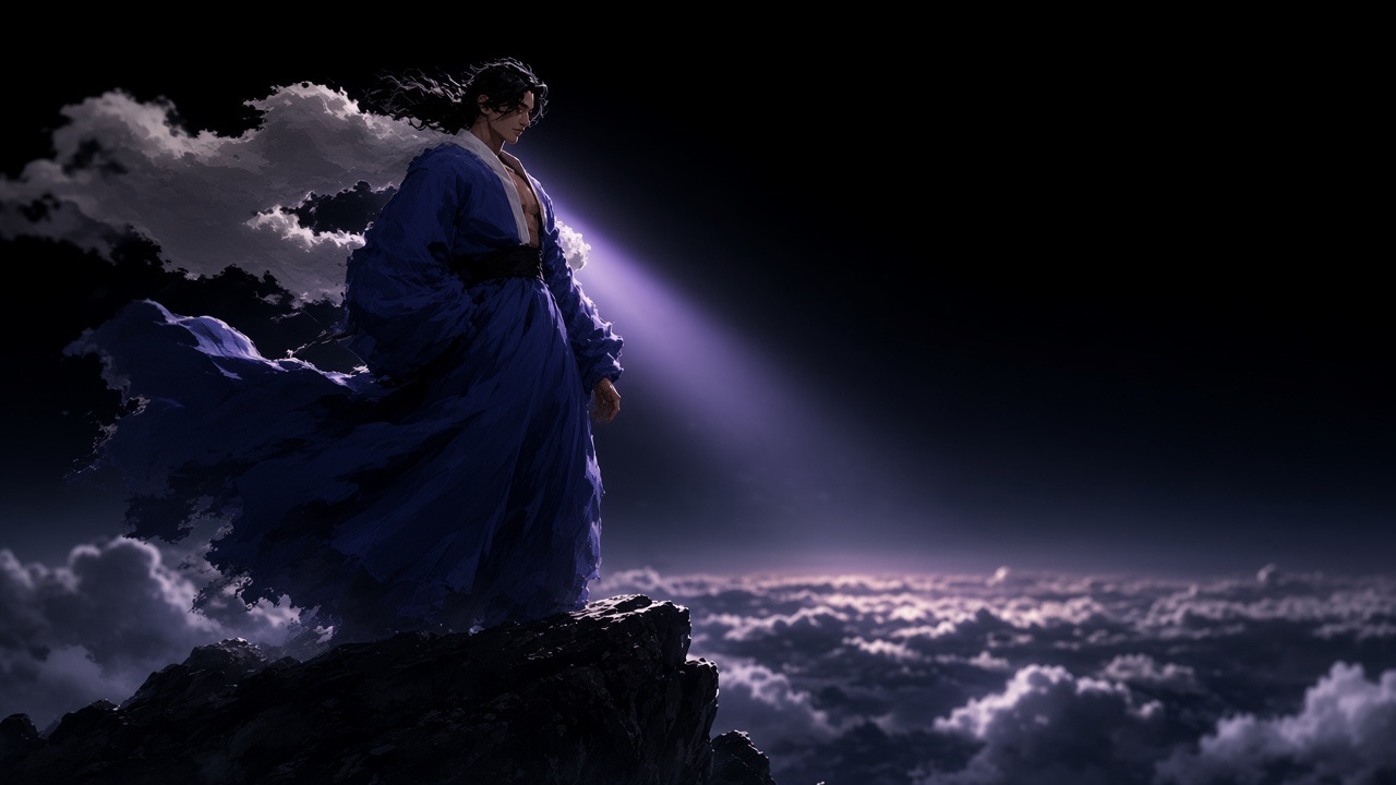 Ibiga seen from a low angle on a rock, robes and hair pulled by wind, a sea of cloud below falling into soft bokeh.