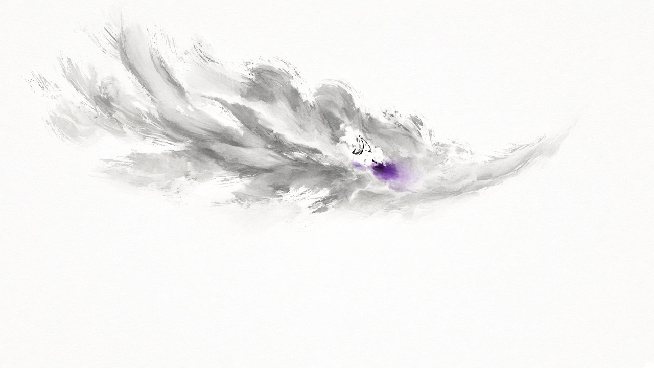 The figure is a small gap and a few hair-strokes INSIDE a high cloud stroke, so she is made of the cloud, not standing on it.