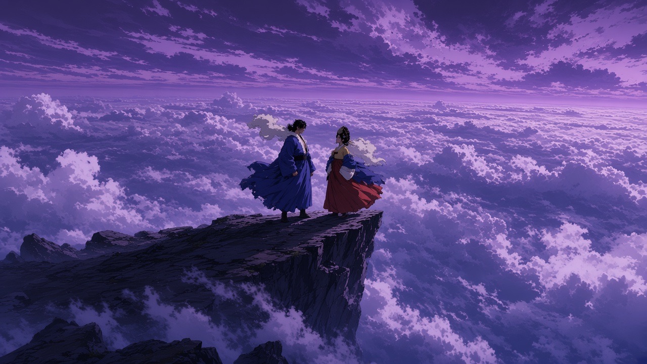 Two figures on a cliff over violet cloud