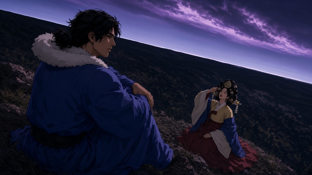 Two figures on the dark slope under a violet sky