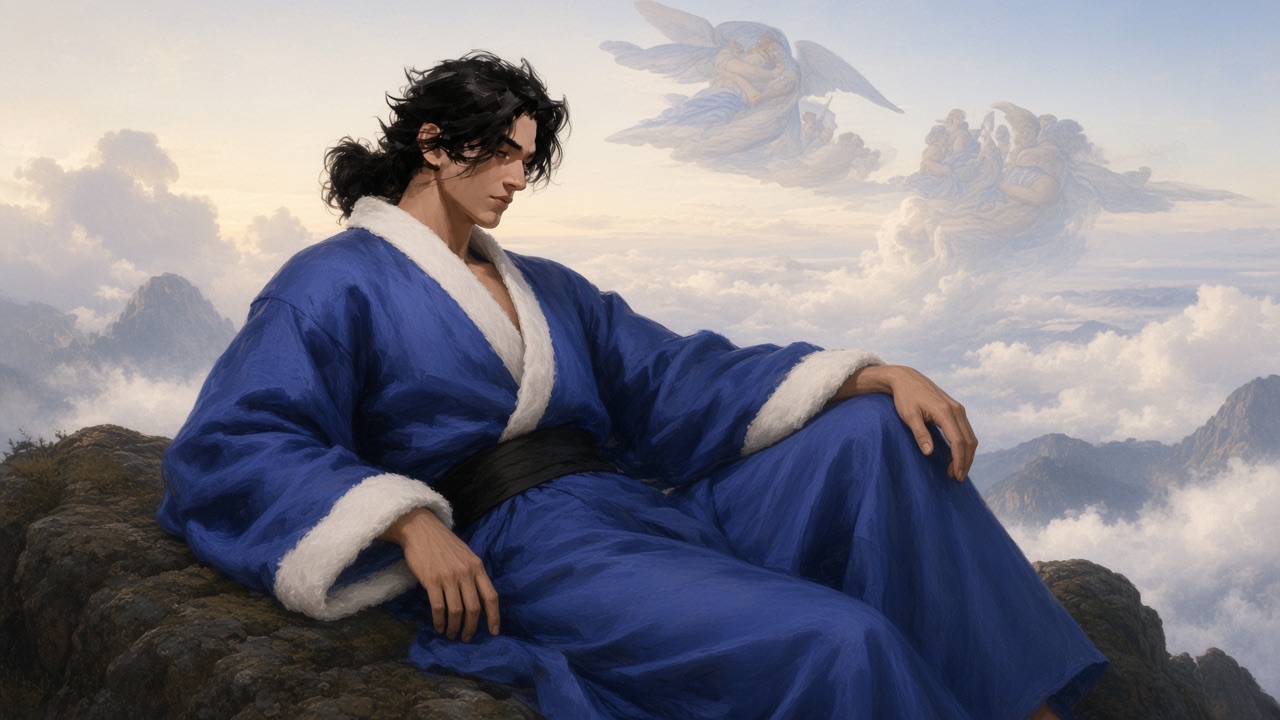 Academic 19th-century oil painting in the manner of Cabanel (the second attached painting is a STYLE reference only — smooth academic brushwork, pale luminous sky,…