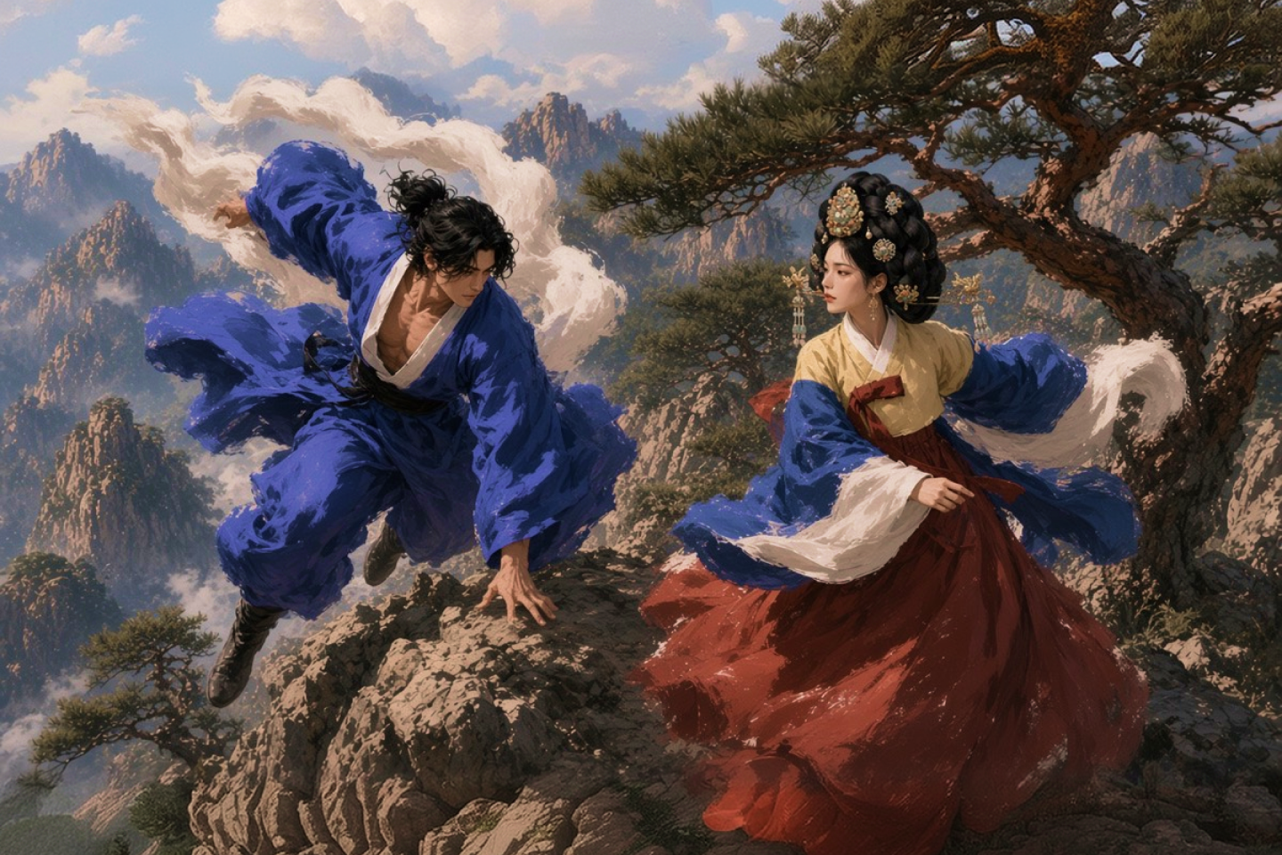Ibiga and Suro on a pine ridge above the clouds
