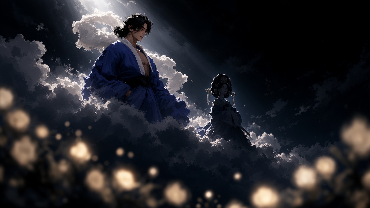 Ibiga sings on a high cloud ridge, black wavy hair and deep blue robe from his portrait, mouth open in a quiet note, looking down toward Rightview.