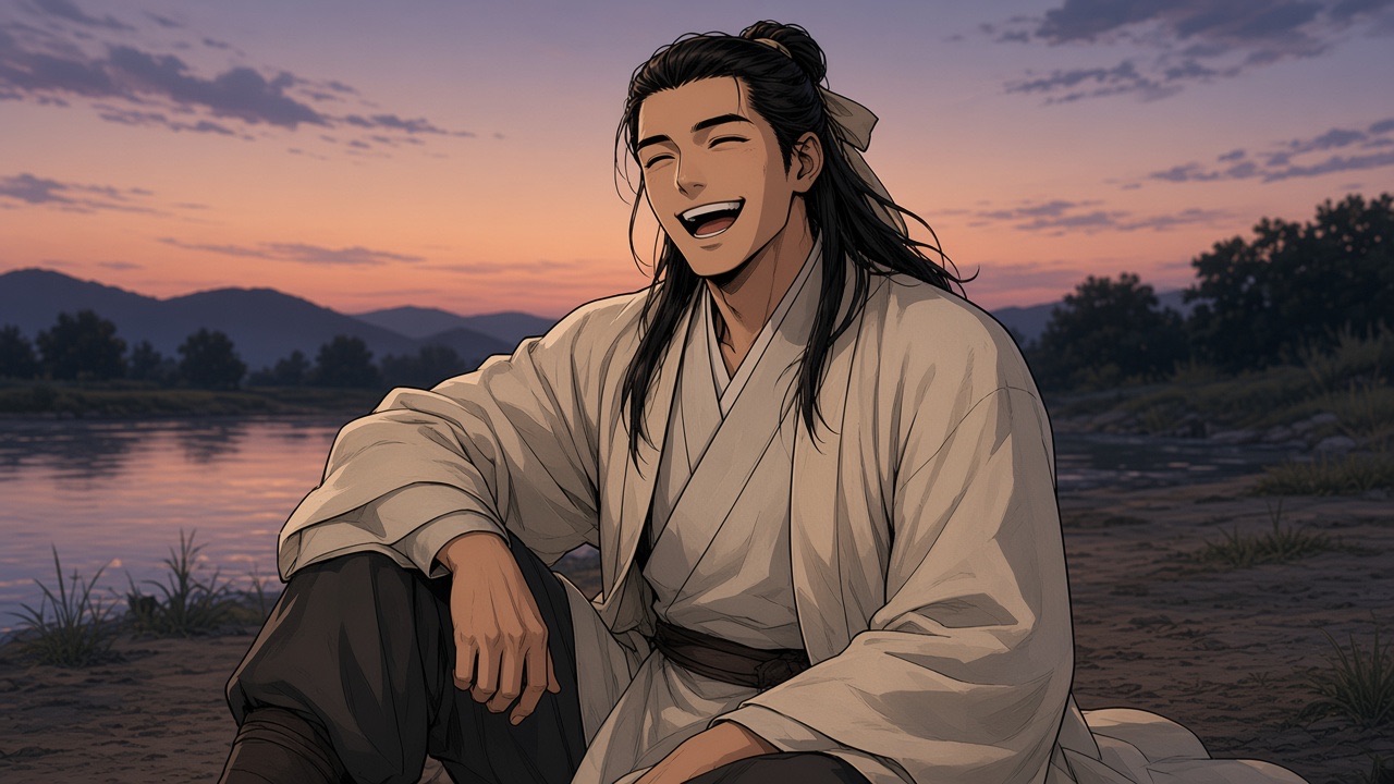 Jumong in a plain undyed ivory silk durumagi, dark trousers, hair loose with a thin cloth tie, NO red headband.