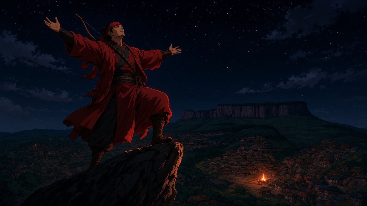 Jumong on a crag above the plateau, arms flung wide